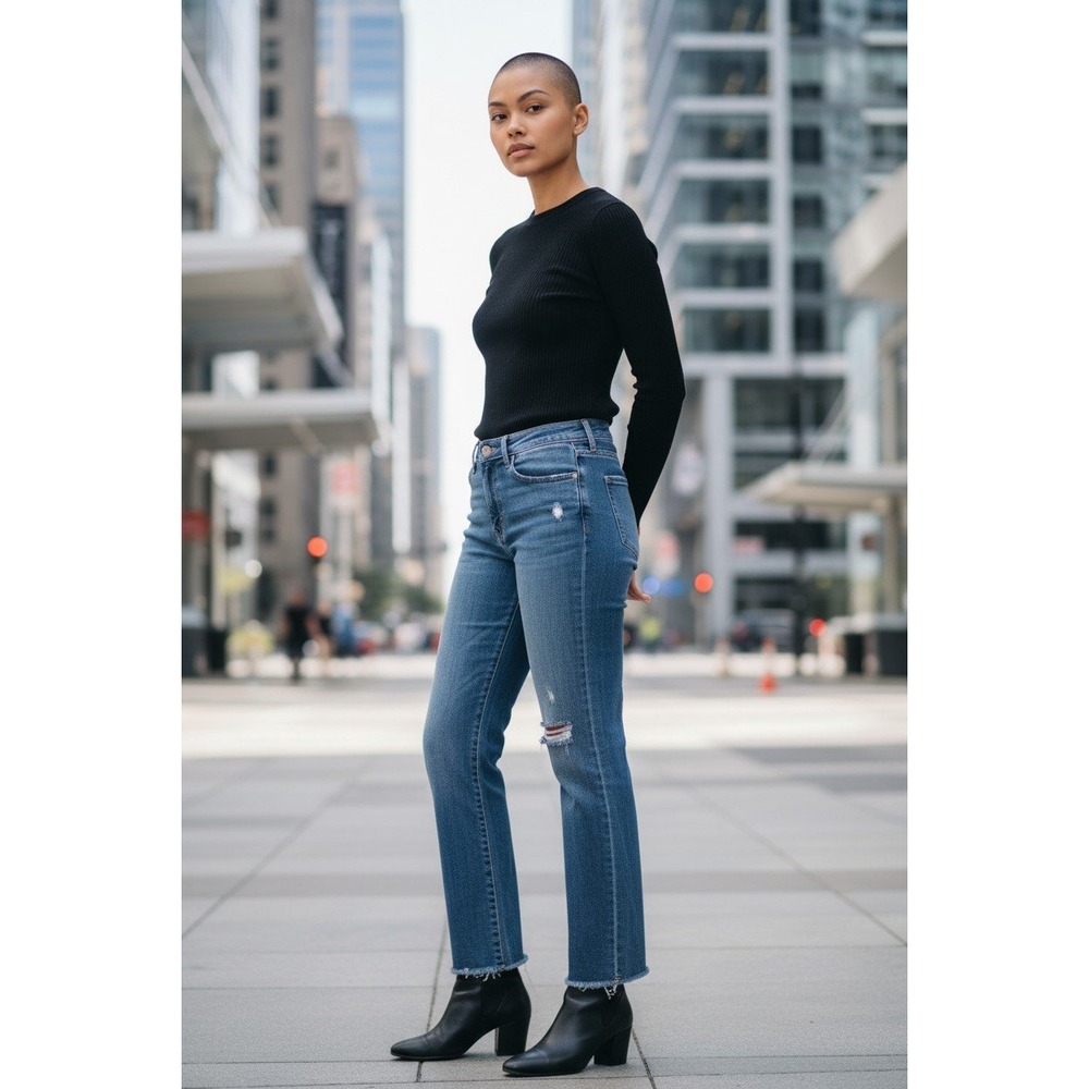 Oliver Logan Womens High‎ Rise Distressed Straight Leg Jeans Blue Raw Hem
